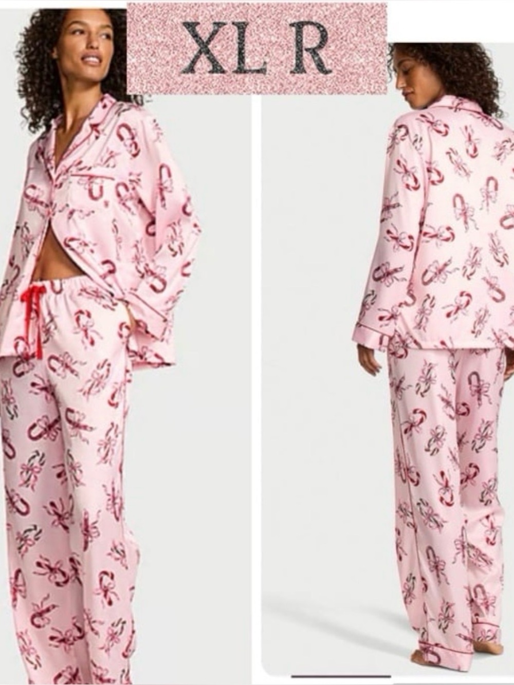 Victoria’s Secret satin Pink Bow/candy cane Pajama Set